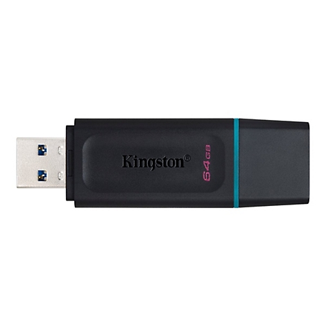 Schwarzer USB-Stick mit silbernem Anschluss und Aufschrift "Kingston 64GB".