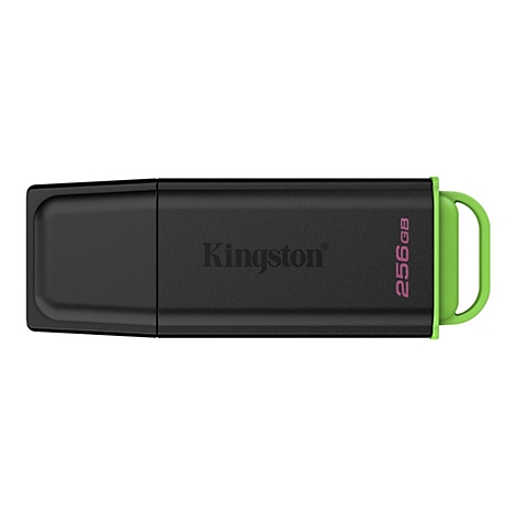 Schwarzer USB-Stick mit grünem Detail. Aufschrift 'Kingston' und Kapazität '256GB'.