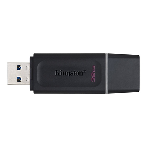 Schwarzer Kingston USB-Stick mit 32 GB Speicherkapazität und USB-A Anschluss vor weißem Hintergrund.