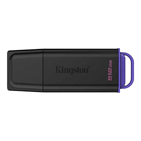 Schwarzer USB-Stick mit lila Akzenten, 512 GB. Aufschrift: Kingston.
