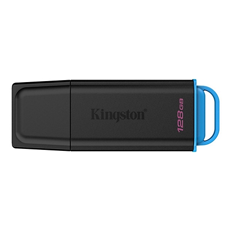 Schwarzer USB-Stick von Kingston mit blauem Akzent, 128GB.