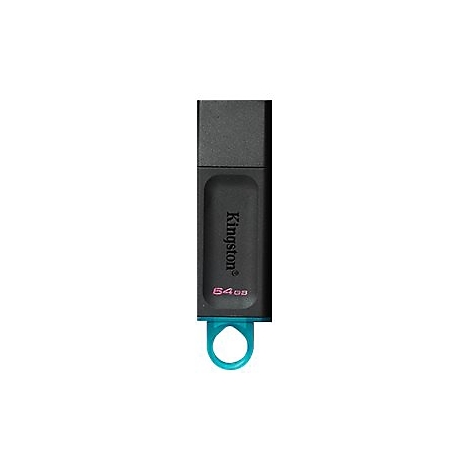 Schwarzer Kingston USB-Stick mit blauem Haltering. Schriftzug Kingston und 64GB in Pink.