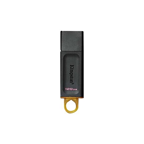 Schwarzer USB-Stick von Kingston mit Schriftzug und 128 GB. Goldfarbener Ring zum Befestigen.