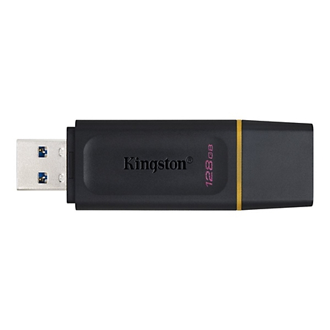 Schwarzer USB-Stick mit silbernem Anschluss und Aufschrift "Kingston" sowie "128GB".