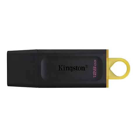 Schwarzer USB-Stick mit gelbem Detail. Schriftzug "Kingston". Aufdruck "128GB".