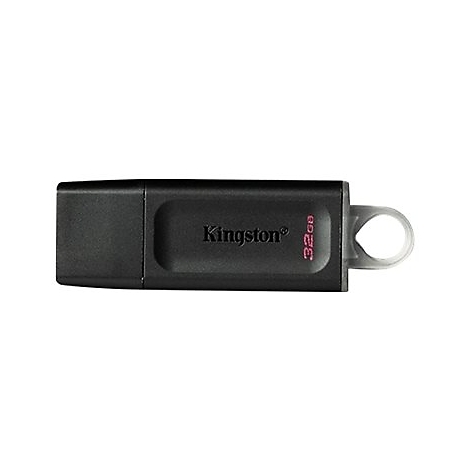 Schwarzer Kingston USB-Stick mit 32GB Speicherkapazität vor weißem Hintergrund.