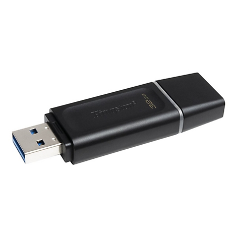 Schwarzer Kingston USB-Stick mit 32GB Kapazität und USB-A Anschluss vor weißem Hintergrund.