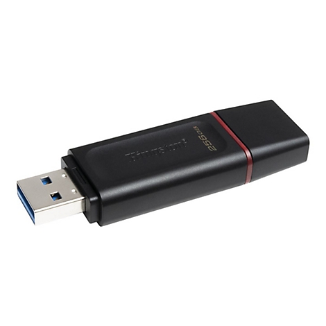 Ein schwarzer USB-Stick, Kingston, 256 GB, roter Akzent am Ende. USB-Anschluss mit blauem Innenleben.
