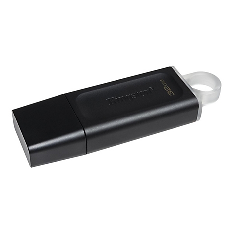 Schwarzer Kingston USB-Stick mit 32GB Kapazität und einer durchsichtigen Öse am Ende.