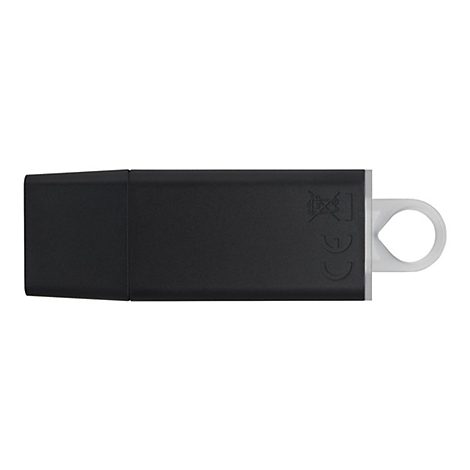 Ein schwarzer USB-Stick mit einer Öse an der rechten Seite, isoliert vor weißem Hintergrund.