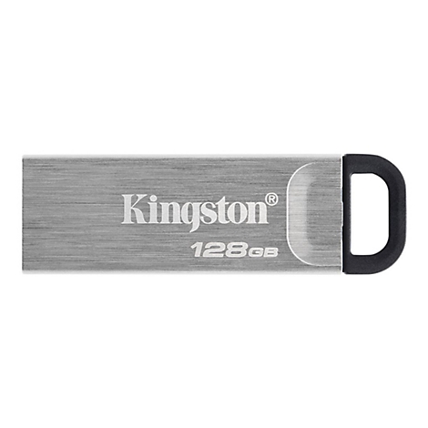 Clé USB Kingston. Boîtier en métal argenté avec le logo Kingston et la capacité 128 Go. Le connecteur a un capuchon en plastique noir.