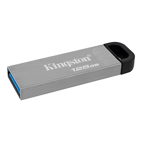 Une clé USB Kingston argentée, 128 Go, avec une extrémité noire et une ouverture bleue.