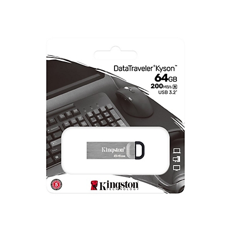 Clé USB dans un blister, avec une souris et un clavier en arrière-plan.