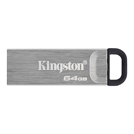 Clé USB Kingston argentée avec détail noir. Texte : Kingston 64GB.