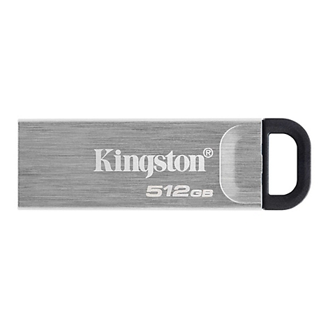 Ein silberner USB-Stick von Kingston. Auf dem Stick steht "Kingston 512GB". Am Ende befindet sich ein schwarzer Bügel.