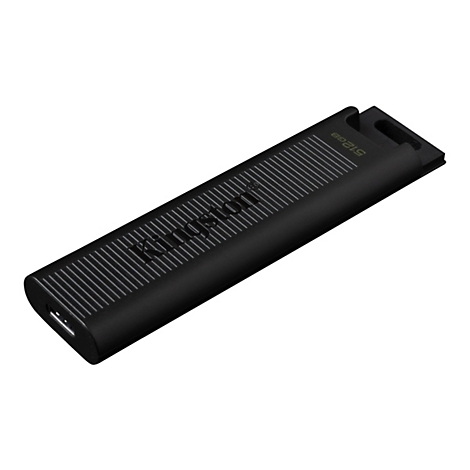 ClÃ© USB noire Kingston avec une surface nervurÃ©e et des lettrages blancs. Il y a un Å“illet en haut.