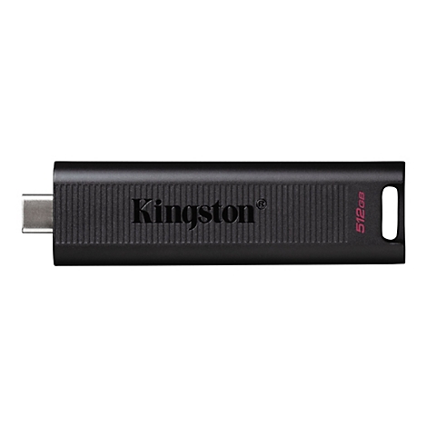 ClÃ© USB noire Kingston avec une capacitÃ© de 512 Go. Le logo Kingston est imprimÃ© dessus.