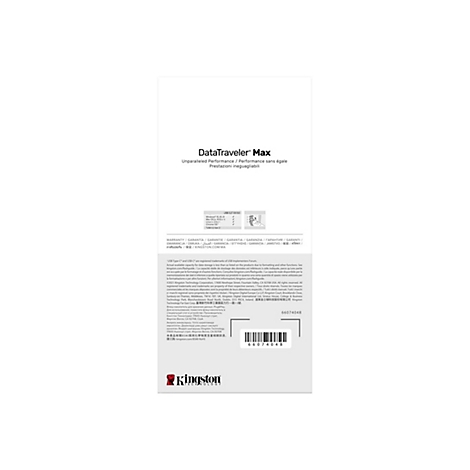 Verpackung einer Kingston DataTraveler Max USB-Stick. Mit Text und Barcode auf weiÃŸem Hintergrund.