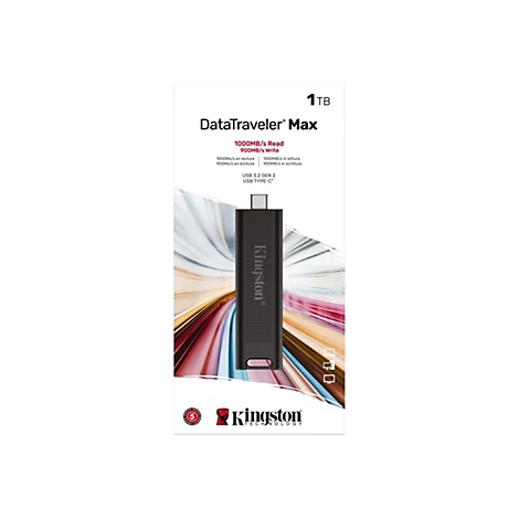 Schwarzer Kingston DataTraveler Max USB-Stick in Verpackung. Details: 1 TB, 1000MB/s lesen, 900MB/s schreiben.