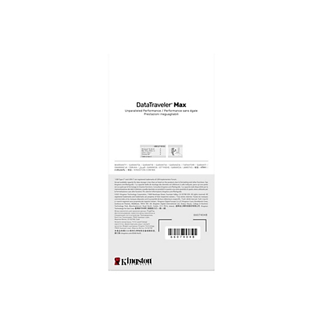 Text auf weißem Hintergrund: DataTraveler Max, USB-Laufwerk. Aufgedruckte Schriftzüge, Kingston-Logo.