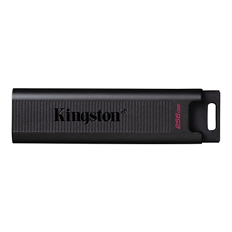 Ein schwarzer USB-Stick der Marke Kingston vor weißem Hintergrund. Auf dem Stick steht in Großbuchstaben "Kingston" und "256GB".