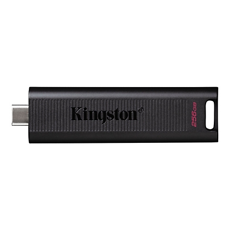 Schwarzer USB-Stick mit „Kingston“-Logo und 256GB-Aufdruck. USB-C-Anschluss. Auf weißem Grund.