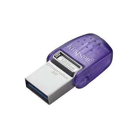Ein Kingston USB-Stick in Lila und Silber, mit der Aufschrift 128GB, DTmicroDuo 3C.