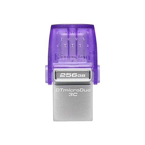 Ein lila USB-Stick der Marke Kingston mit der Aufschrift '256GB' und 'DTmicroDuo 3C'.