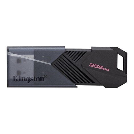 Schwarzer Kingston USB-Stick, 256 GB, mit transparentem Schutz. Aufschrift Kingston und 256GB in pink.