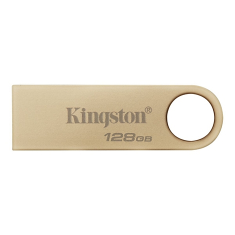 Goldener USB-Stick von Kingston, mit Logo und der Aufschrift '128GB'. Am Ende ist ein kreisförmiges Loch.