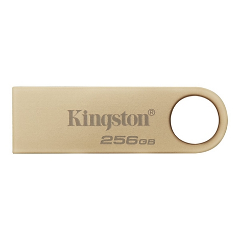 Goldener USB-Stick von Kingston, mit 256 GB Speicher. Das Design hat ein Loch, zur Befestigung.