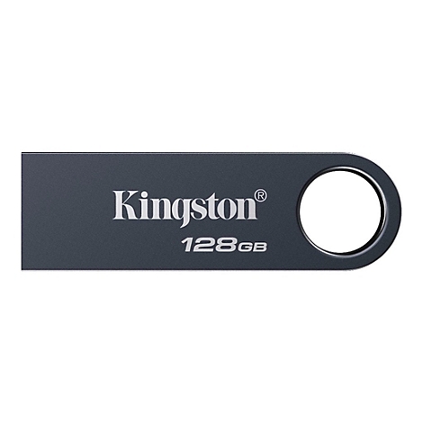 Dunkelgrauer USB-Stick mit weißem "Kingston" Schriftzug und "128GB" auf weißem Grund.