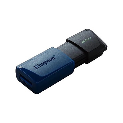 Blauer und schwarzer Kingston USB-Stick mit der Aufschrift 64 GB.