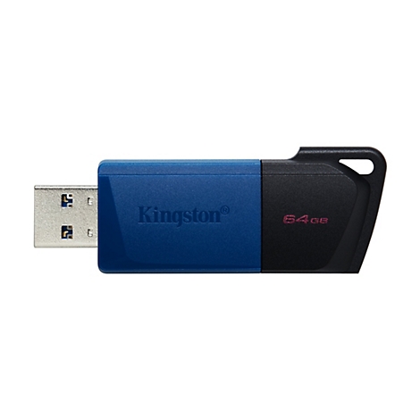 Ein USB-Stick, blau und schwarz, mit der Aufschrift Kingston und 64 GB.