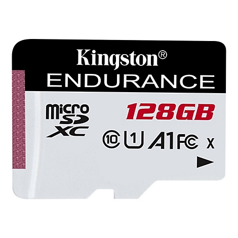 Une carte Micro SD Kingston Endurance. Texte noir sur fond blanc : Kingston, Endurance, 128 Go.