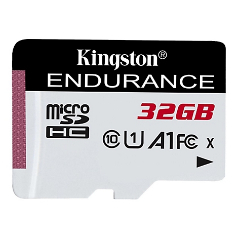 Gros plan d'une carte microSD. Inscription : Kingston Endurance, 32 Go, MicroSD HC.