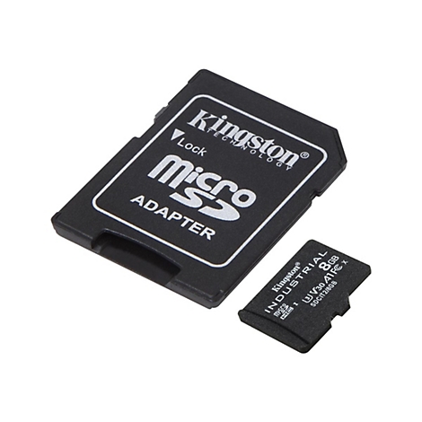 Adaptateur de carte micro SD Kingston noir et carte micro SD. Inscription : Kingston, Micro, Adaptateur, Industrial 8GB.