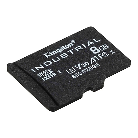 Carte SD Kingston noire avec texte blanc : 'INDUSTRIAL', '8 Go', 'microSDHC'.