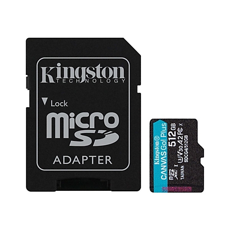 Adaptateur SD noir avec logo Kingston et une carte Micro SD à côté. Inscription "Micro SD Adapter".