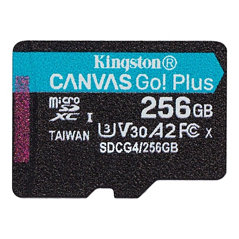 Une carte microSD Kingston Canvas Go! Plus noire avec lettrage blanc et accent turquoise. 256 Go.