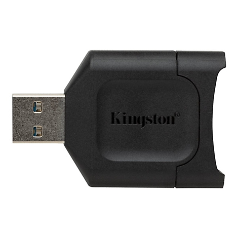 Schwarzer USB-Kartenleser mit Kingston-Logo, isoliert auf weißem Hintergrund.