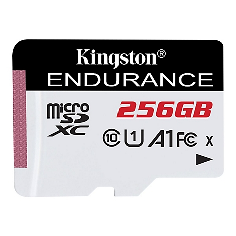 Carte microSDXC Kingston Endurance. Blanc avec texte noir et rouge. 256 Go, logo Micro SDXC.