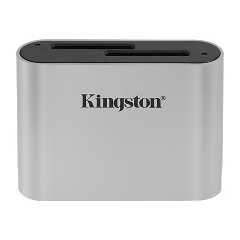 Lecteur de cartes argentÃ© avec logo Kingston. Deux fentes pour cartes sur le dessus.
