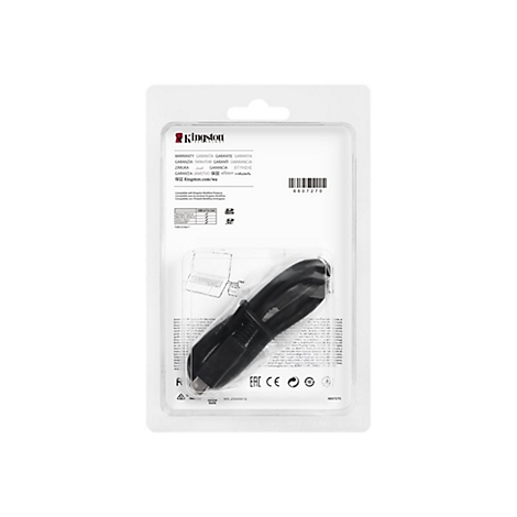 Un emballage de cÃ¢ble USB Kingston noir. Le cÃ¢ble est contenu dans un emballage en plastique transparent. Des informations sur le produit sont imprimÃ©es sur l'emballage.