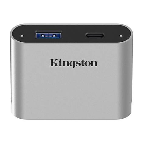 Silberner Kingston USB-Hub mit USB- und USB-C-Anschlüssen. Schriftzug "Kingston".