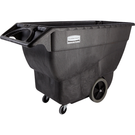 Schwarzer, rollbarer Müllcontainer mit Henkeln, zwei großen Rädern und zwei kleinen Rollen.