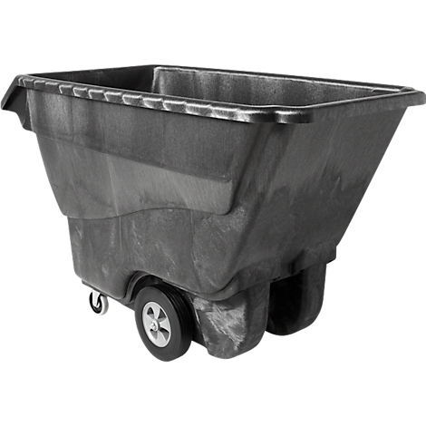 Schwarze Transportkarre mit Rädern. Der Container ist aus Kunststoff und hat eine rechteckige Form.