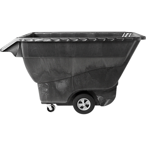 Schwarze Transportkarre mit zwei Rädern und einem Griff. Die Karre ist aus Kunststoff gefertigt und hat eine rechteckige Form.