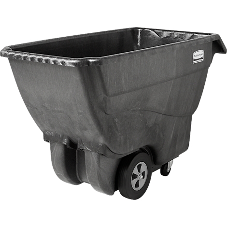 Schwarzer, rechteckiger Müllwagen mit Rädern, zum Transport von Abfällen. Er hat einen Griff und das Rubbermaid-Logo.
