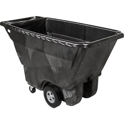 Schwarze Transportmulde auf Rädern. Großer, rechteckiger Behälter mit Vertiefungen und zwei großen und zwei kleinen Rädern.
